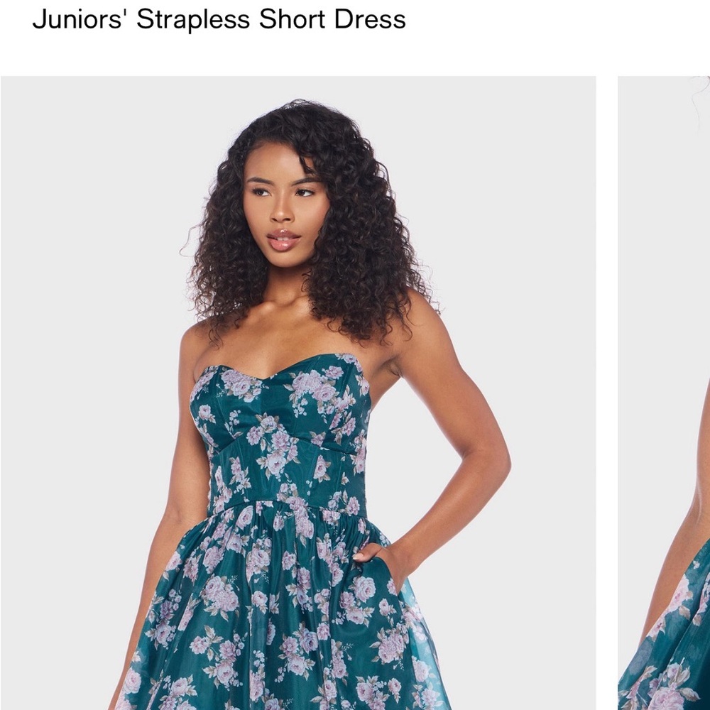 Teal Floral Strapless Dress